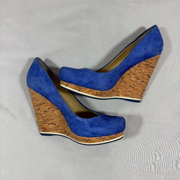 Luxury Rebel Blue Tan Suede Cork Selma Wedges Slip-On Platform Heels 6.5 - Picture 2 of 8